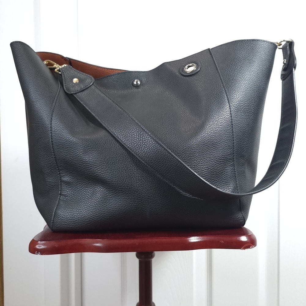 Vintage Black Faux Leather Shoulder Bag Tote Bag